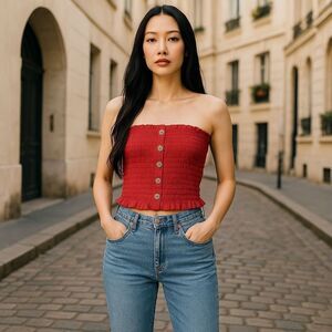 Express Scarlet Button-Front Strapless Crop Top